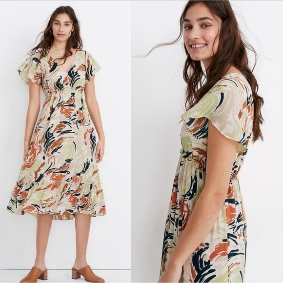 Madewell Flutter-Sleeve Ruffle-Waist Midi Dress in Brushing Up Sz 2 - Picture 1 of 10